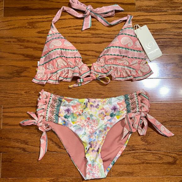 NWT Cosita Linda Embroidered Beaded Ruffle Triangle Top & Bottom Bikini Size M - Picture 5 of 16